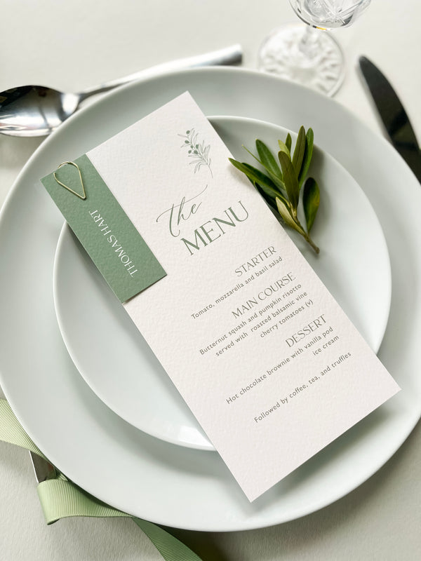 Olive green wedding menu cards with attached personalised name card